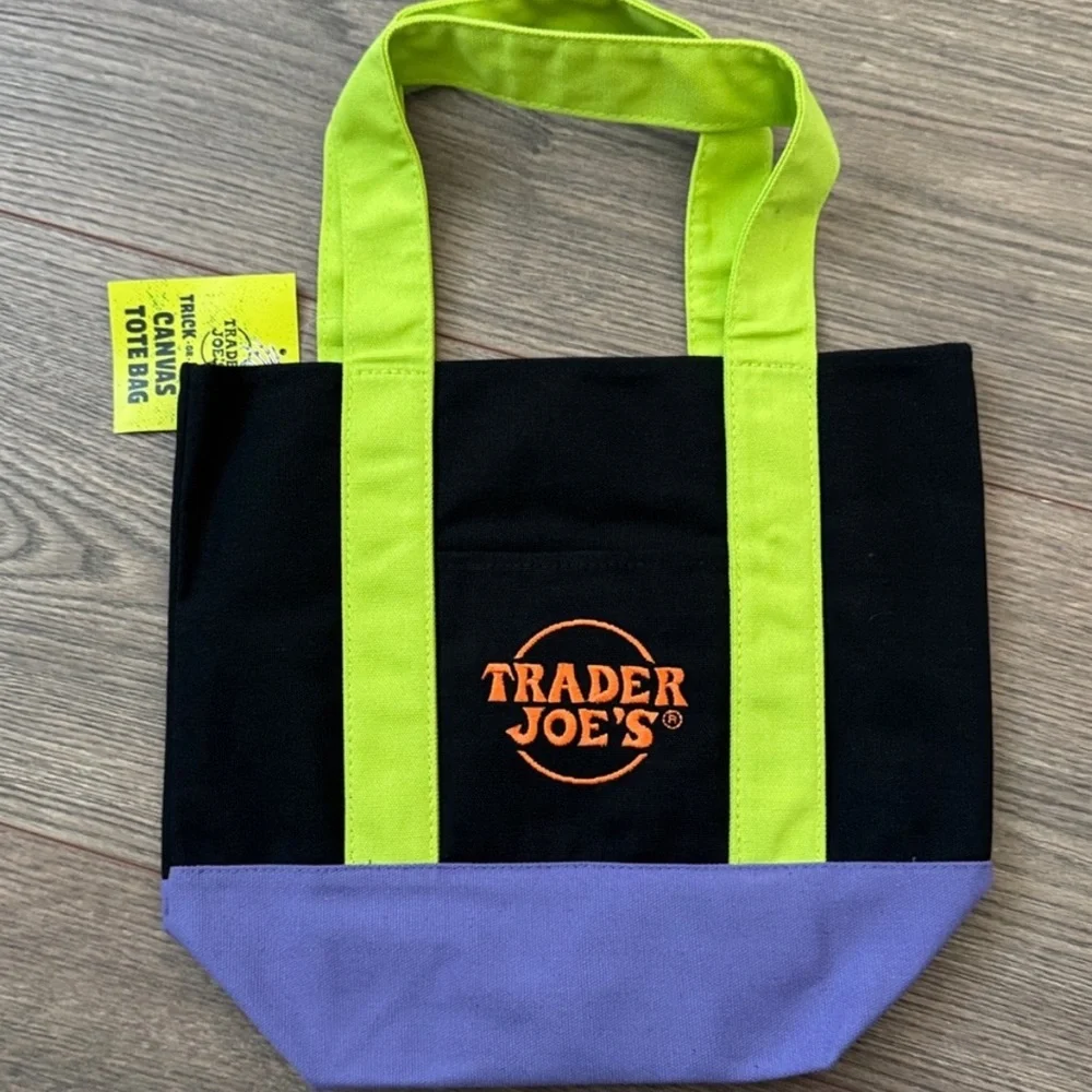 Trader Joes Mini Trick or Treat Canvas Tote Bag TJs Halloween Purple Green NEW - Picture 5 of 6